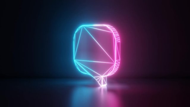3d rendering glowing blue purple neon laser light with wireframe symbol of rounded chat bubble right in empty space corner seamless fade animation