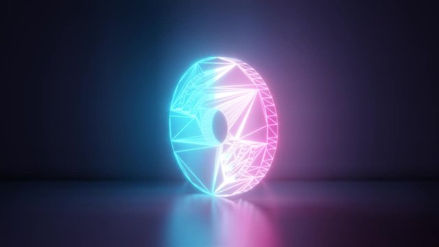 3d rendering glowing blue purple neon laser light with wireframe symbol of compact disc  in empty space corner seamless fade animation