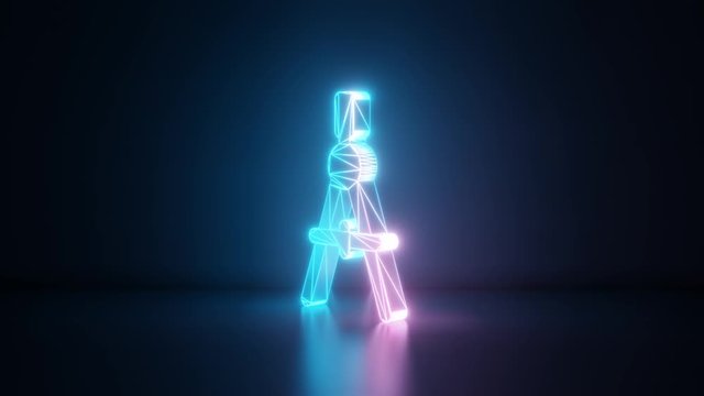 3d rendering glowing blue purple neon laser light with wireframe symbol of geometry compass in empty space corner seamless fade animation