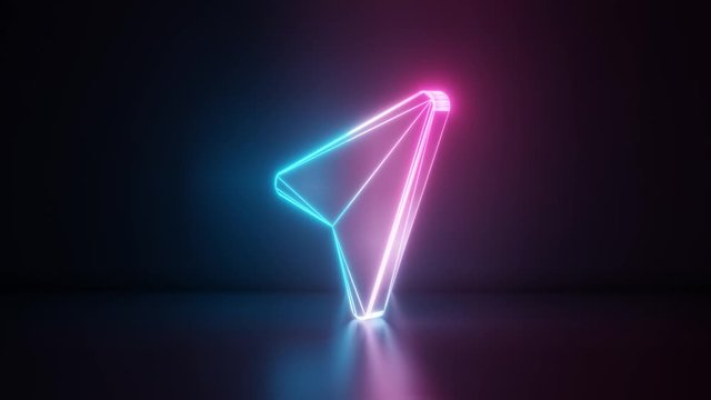 3d rendering glowing blue purple neon laser light with wireframe symbol of compass arrow in empty space corner seamless fade animation