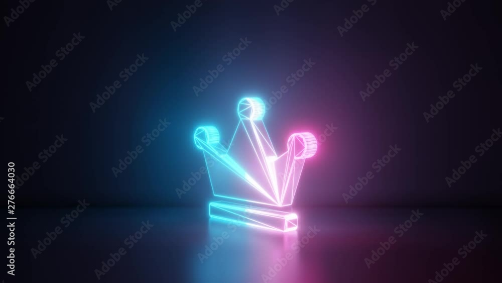 Poster 3d rendering glowing blue purple neon laser light with wireframe symbol of crown with three tips in 