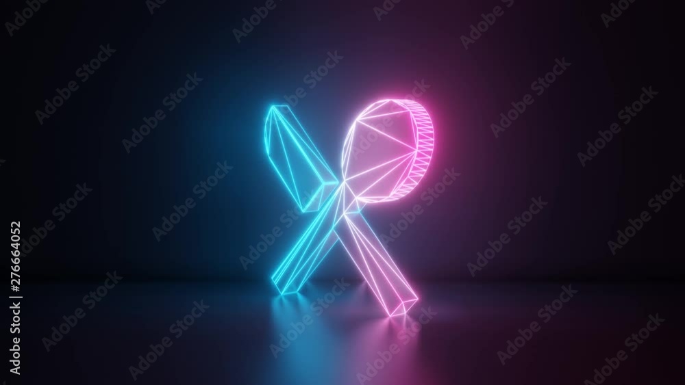 Poster 3d rendering glowing blue purple neon laser light with wireframe symbol of spoon and knife in cross 