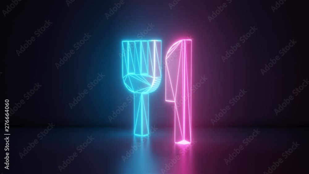 Poster 3d rendering glowing blue purple neon laser light with wireframe symbol of fork and knife in empty s
