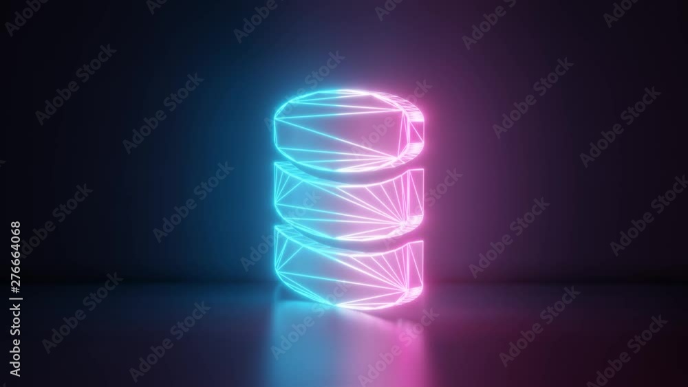 Poster 3d rendering glowing blue purple neon laser light with wireframe symbol of three memory discs in emp