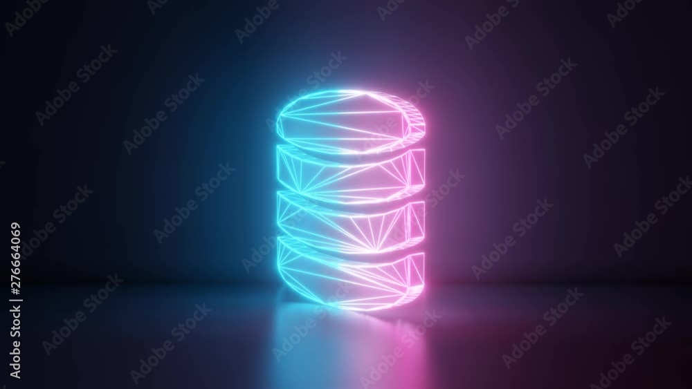 Poster 3d rendering glowing blue purple neon laser light with wireframe symbol of three memory discs in emp