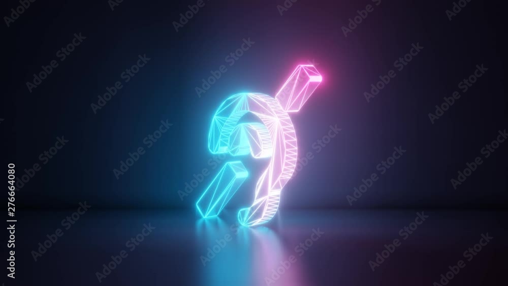 Poster 3d rendering glowing blue purple neon laser light with wireframe symbol of ear with slash in empty s