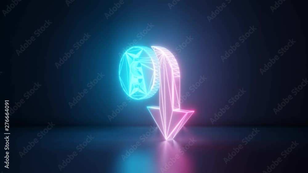 Poster 3d rendering glowing blue purple neon laser light with wireframe symbol of dollar symbol and down ar