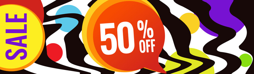 Horizontal colorful banners. Summer banner with bright waves and Sale 50 . Universal template for a web site with empty place for text. 