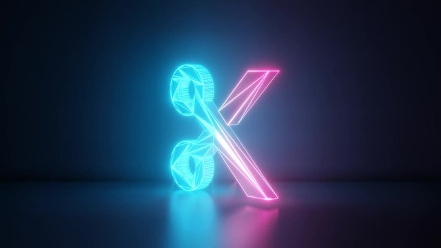3d rendering glowing blue purple neon laser light with wireframe symbol of scissors in empty space corner seamless fade animation