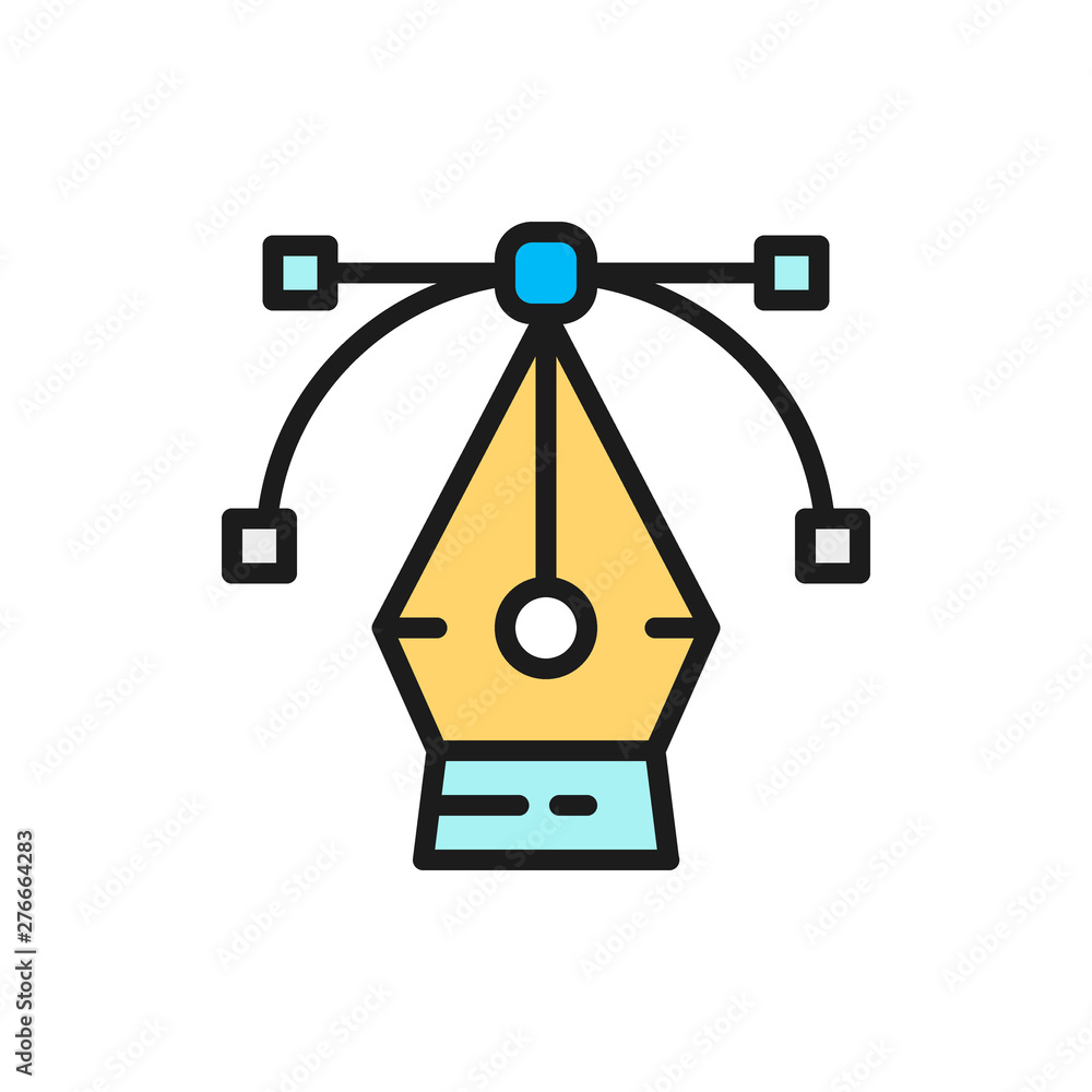 Poster vector pen tool, computer graphic, curve control point flat color line icon.