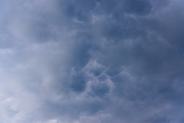 Looking up at Mammatus Clouds in the summer evening sky, background in Poltava, Ukraine