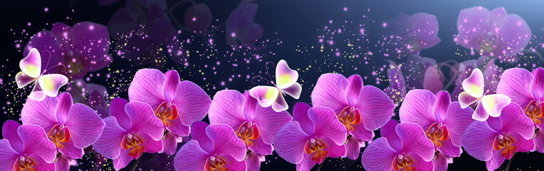 Glowing banner with magic butterflies with mysterious neon orchids and sparkle stars for storefront flowers design or decor florist shop