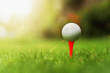 golf ball on green grass with sunrise