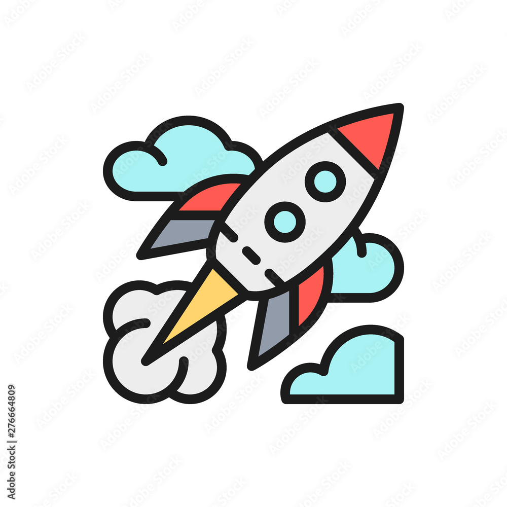 Sticker vector rocket, startup flat color line icon.