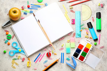 Different school stationery on light background