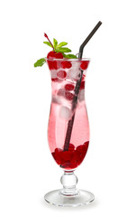 Glass of tasty summer cocktail on white background