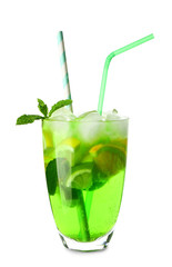 Glass of tasty summer cocktail on white background