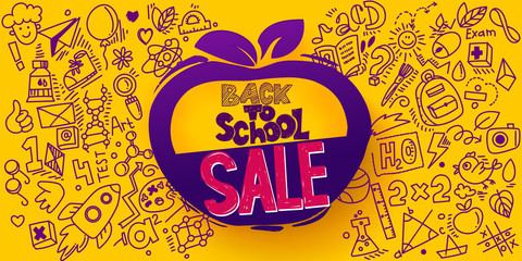 Back to School Sale Apple symbol. Sketch style banner with line art symbols of education, science objects icons. Vector hand drawn doodle illustration. Hand lettering and ink drawings