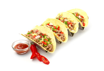 Tasty fresh tacos on white background
