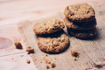 cookies on sack on wooden table