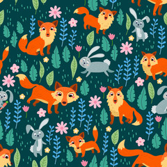 Fox childish Seamless Pattern. Vector illustration background