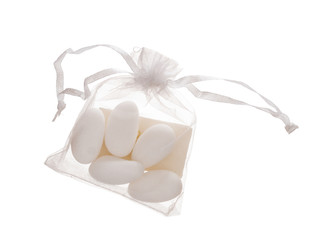 Bomboniere contents, 5 sugared almonds in bag with note, traditionally given as wedding favour,...