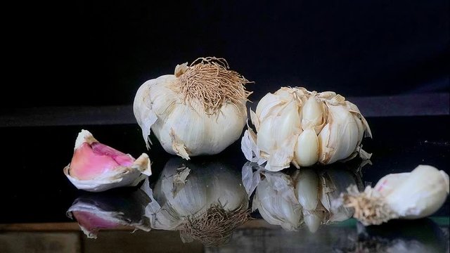 Organic garlic bulbs on shiny surface.