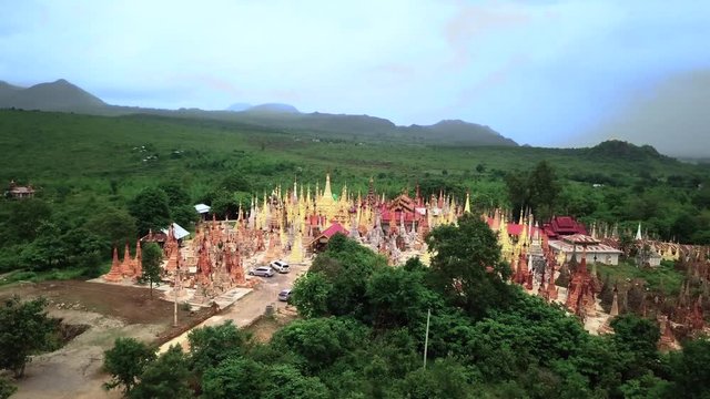 Aerial Shot Drifting Above Inn Tain Pagoda at Inle Lake, Myanmar (Burma) - Circling