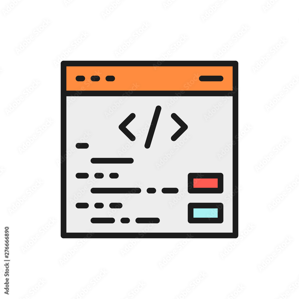 Poster vector seo, programming, coding, website repair, seo flat color line icon.