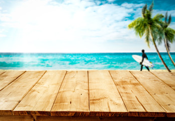 Table background of free space and summer background of beach 