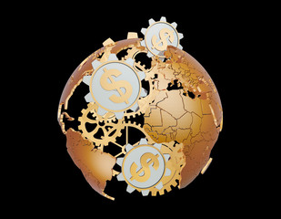 Earth with gears, tech globe with currency symbols,dollar