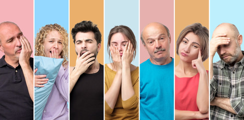Collage of sleepy drowsy men and women being tired and exhausted. Low energy concept. I need sone...