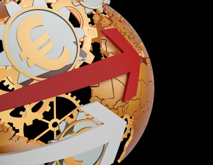 Earth with gears, tech globe with currency symbols, success arrow