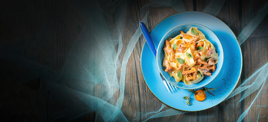 pappardelle with cheese sauce and fresh chanterelles