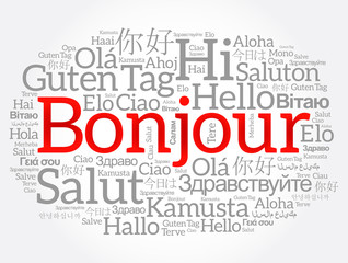 Bonjour (Hello Greeting in French) word cloud in different languages of the world