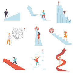Business People Moving to Success Set, Young Men and Women Climbing Up Career Ladders and Arrows to Achievement of Goals Vector Illustration