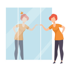 Narcissistic Woman Character Looking at Mirror and Seeing in Reflection of Herself with Crown on Her Head, Girl Overestimate Herself, Self Confidence, Motivation Vector Illustration