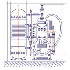 Smooth free technological drawing of the refrigeration unit. Drawing of a machine chill