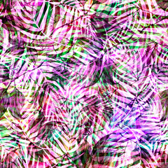 Watercolor Tropical leaves. leaves of a tree, palms, bamboo, branch, flower, abstract splash. Watercolor abstract seamless background, pattern, spot, splash of paint, blot, divorce, color. Tropic 