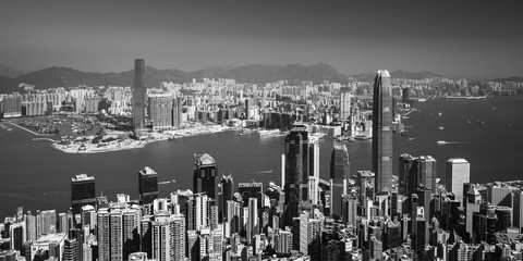 Panoramatic view on Hong Kong city skyline from the Victoria peak, China