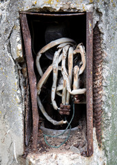 Old wiring. Construction, safety and danger background