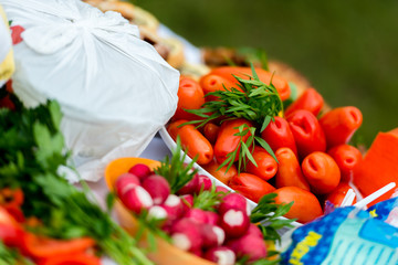 Healthy organic vegetables on a table at city market. Organic food background. - Image