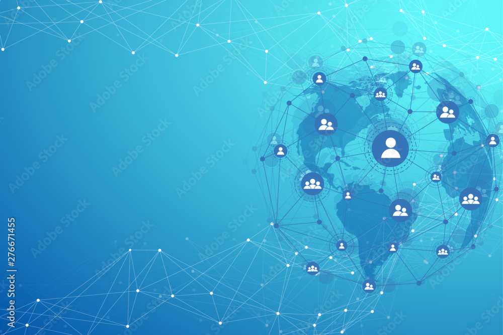 Poster global structure networking and data connection concept. social network communication in the global 