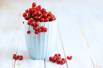 Fresh red currants in light blue cup on light wooden table
