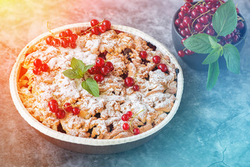 Fototapeta na wymiar tasty homemade pie and fresh red currants in dark bowl on grey background