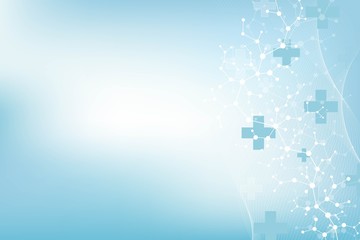 Abstract medical background DNA research, molecule, genetics, genome, DNA chain. Genetic analysis art concept with hexagons, waves, lines, dots. Biotechnology network concept molecule, vector.