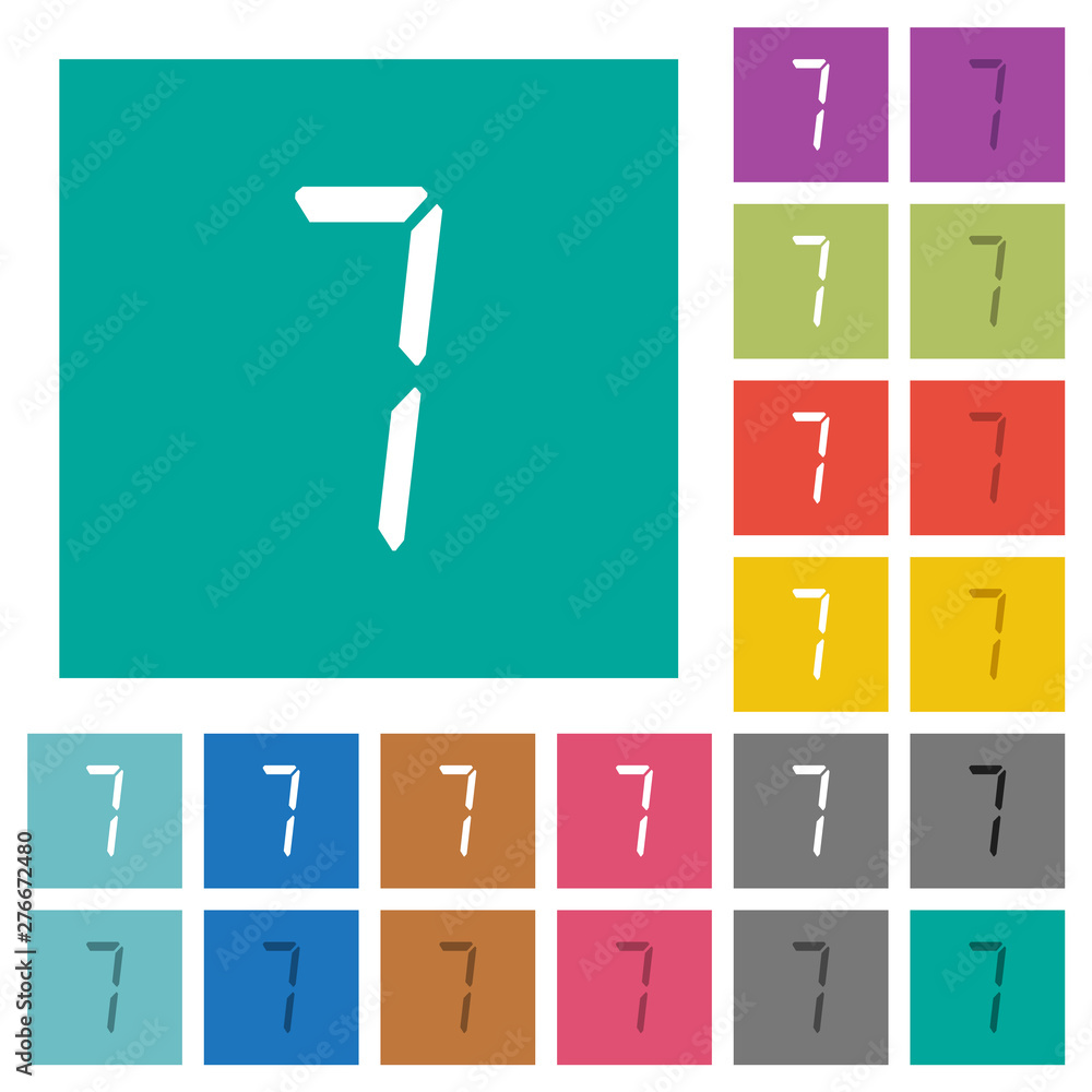 Poster digital number seven of seven segment type square flat multi colored icons