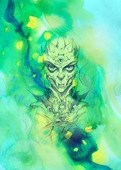 Fantasy portrait illustration of a weird and sinister reptilian creature from new world order conspiracy theory on an  abstract surreal background