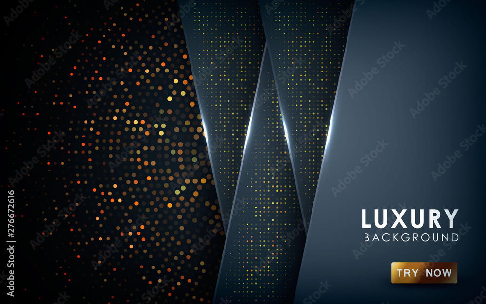Poster Dark abstract background with black overlap layers. Realistic texture with light effect and golden glitters dots element decoration.