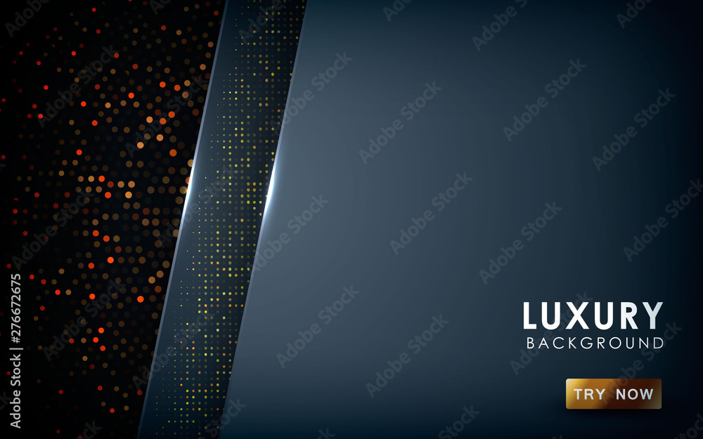 Poster dark abstract background with black overlap layers. realistic texture with light effect and golden g